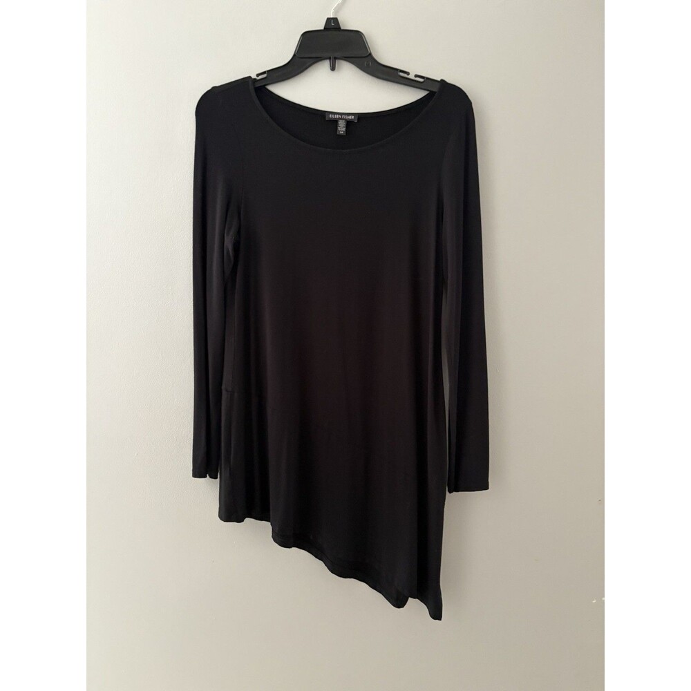 Eileen Fisher Tunic Top Size S Black Bateau Neck Asymmetrical Hem Jersey Minimal